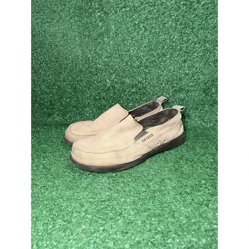 CROCS WALU Men's Size 9 Canvas Slip-On Boat Shoes Loafers Tan Khaki Brown